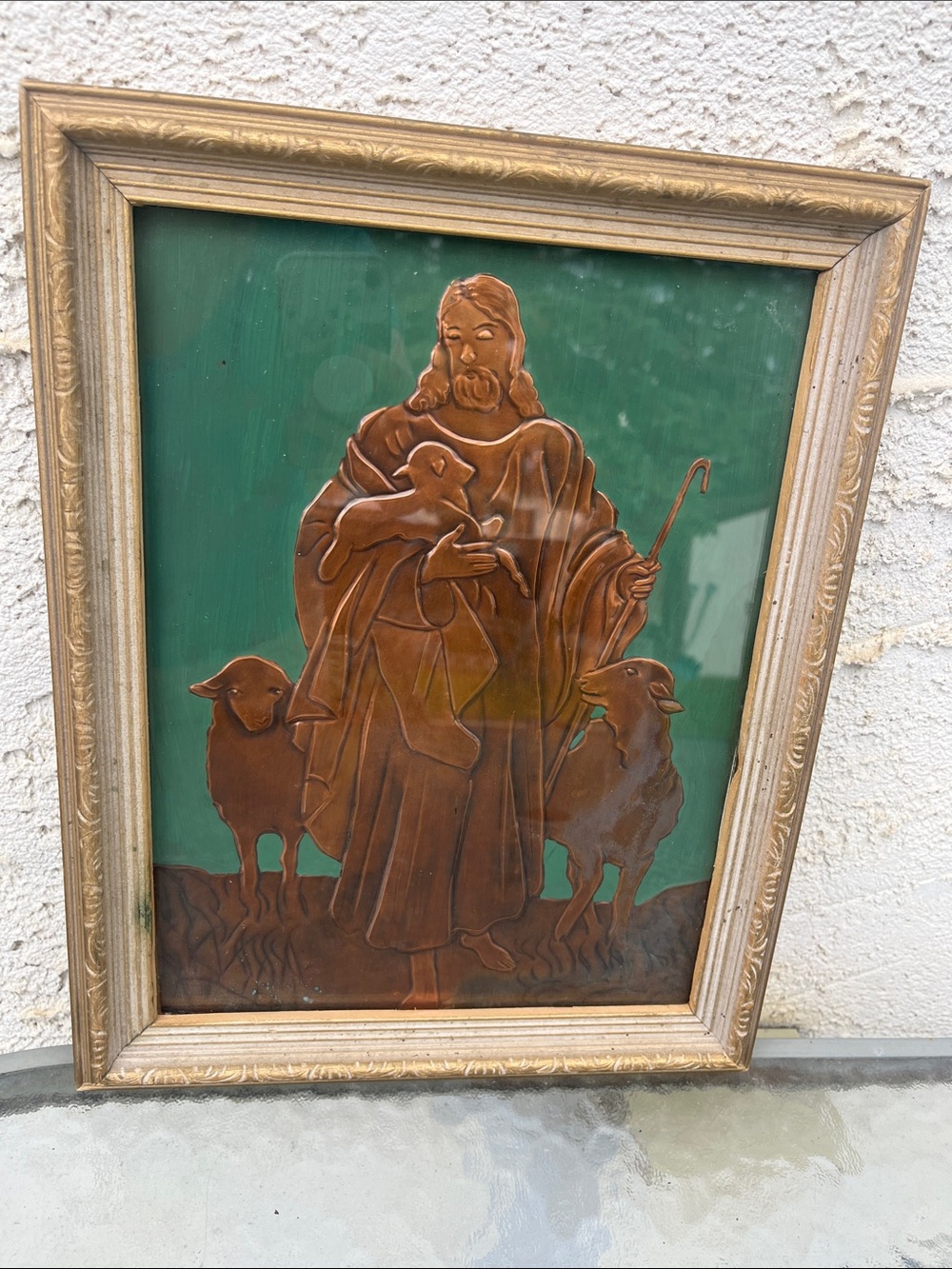 Vintage 3D Dimensional Jesus Shepherd Copper Artwork Framed
